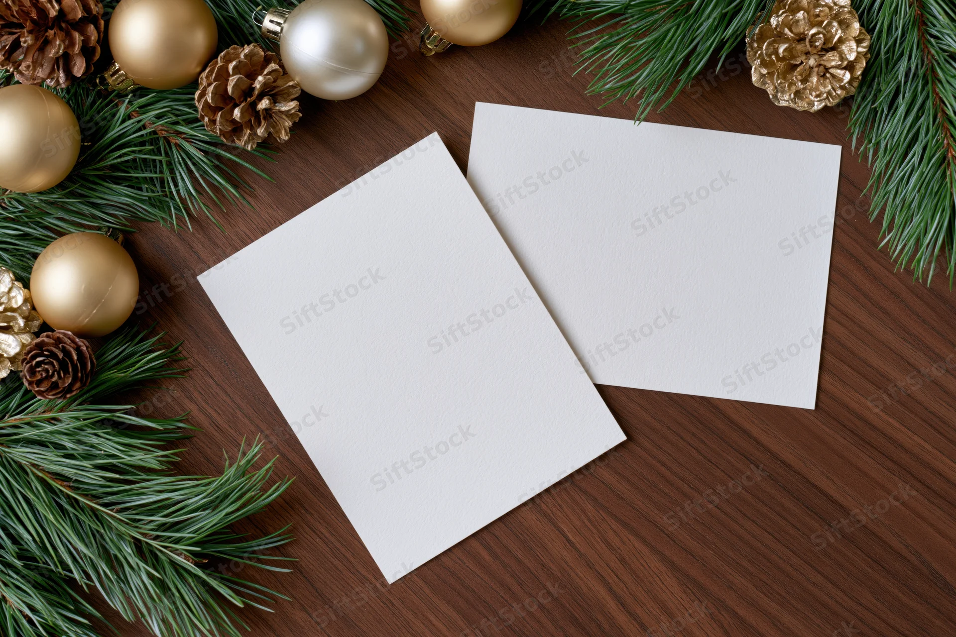 Two blank white cards lying flat on a dark walnut wood table surrounded by pine branches, gold ornaments, and pinecones for christmas decoration