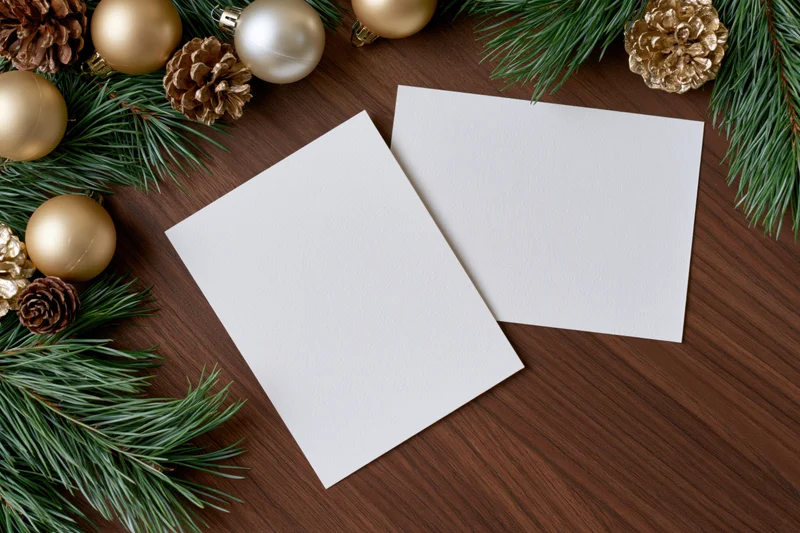 Two blank white cards lying flat on a dark walnut wood table surrounded by pine branches, gold ornaments, and pinecones for christmas decoration