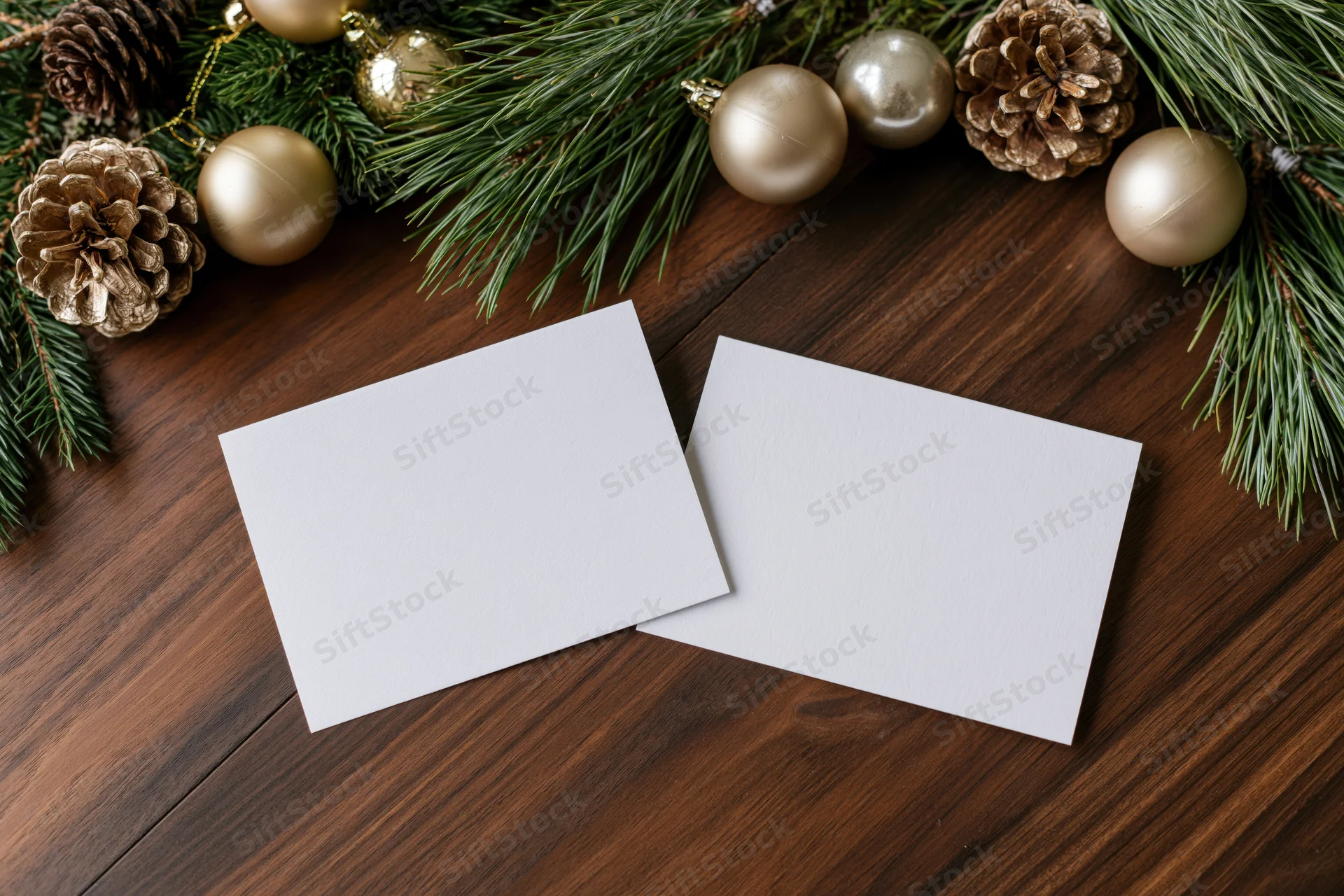 Two blank white cards lying flat on a dark walnut wood table surrounded by christmas decorations including pine branches, pinecones, and gold ornaments