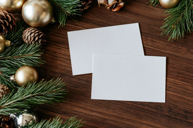 Two blank white cards lying flat on a dark walnut wood table surrounded by christmas decorations including pine branches, pinecones, and gold and silver ornaments