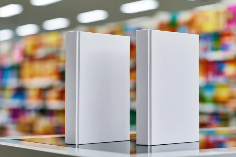 Two blank white hardcover books standing upright on a glossy shelf in a store aisle