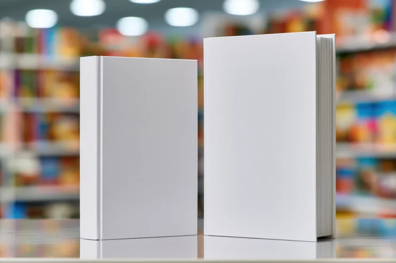 Two blank white hardcover books standing upright on a glossy surface in a store aisle