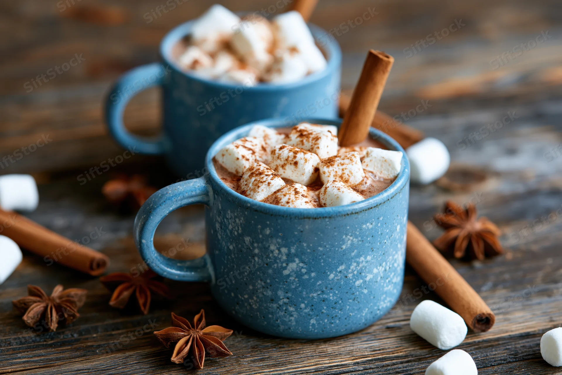 Two blue ceramic mugs filled with hot chocolate topped with marshmallows and cinnamon sticks on a wooden table
