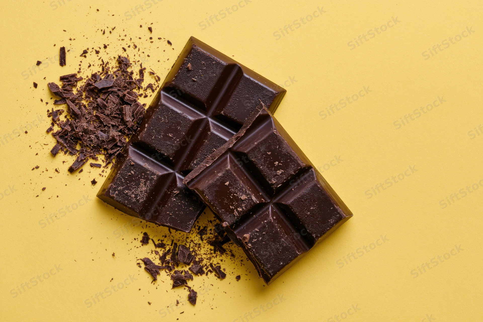 Broken dark chocolate bar pieces with scattered crumbs on yellow background