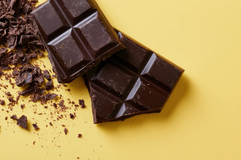 Broken dark chocolate bar pieces with scattered crumbs on yellow background