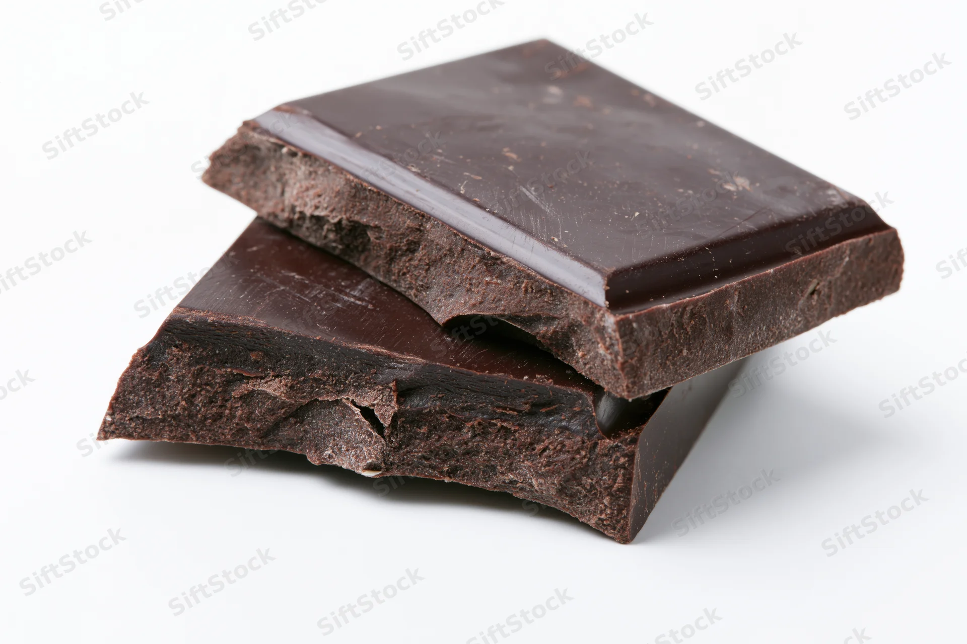 Two broken dark chocolate squares stacked slightly offset on white background