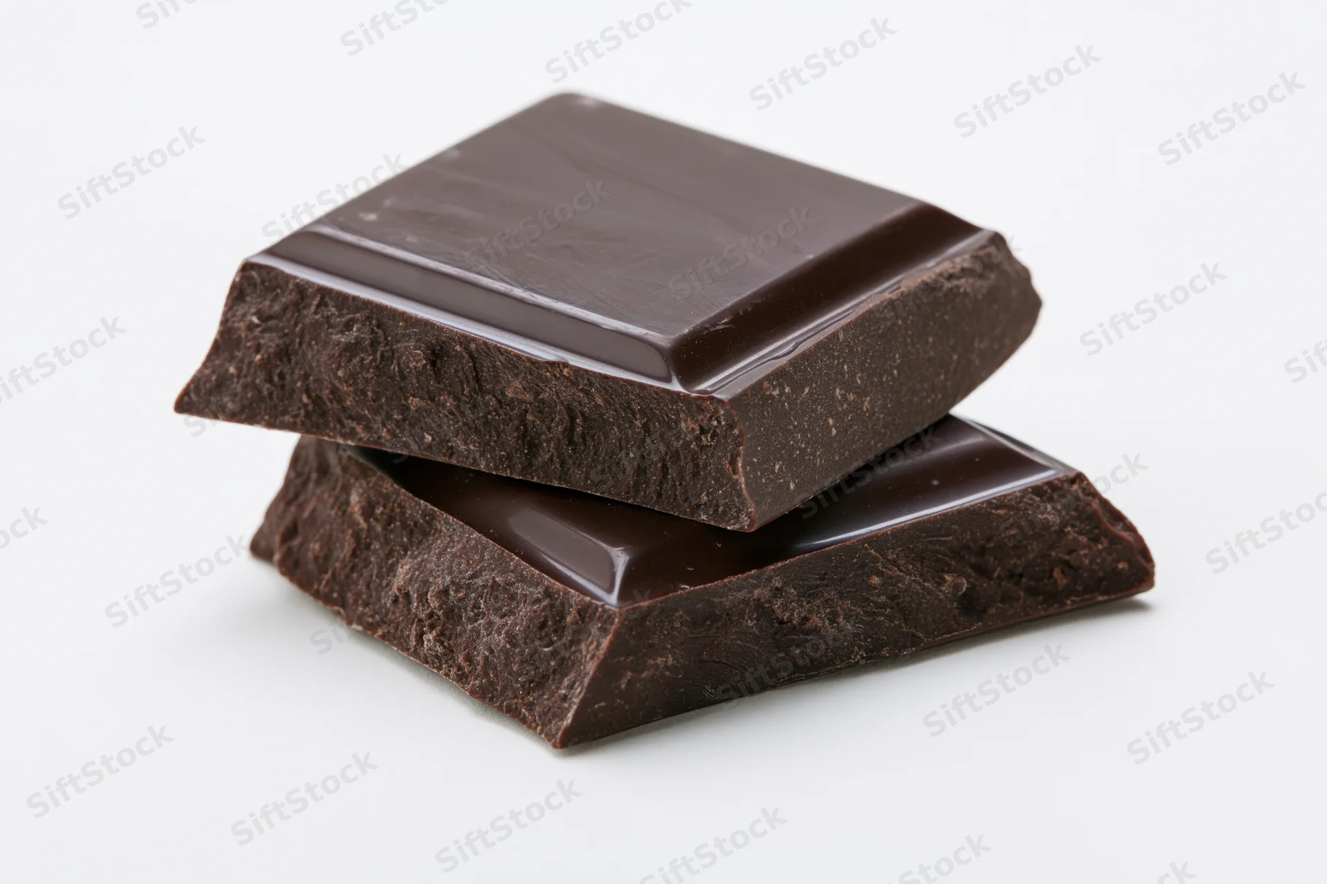 Two broken dark chocolate squares stacked slightly offset on white background