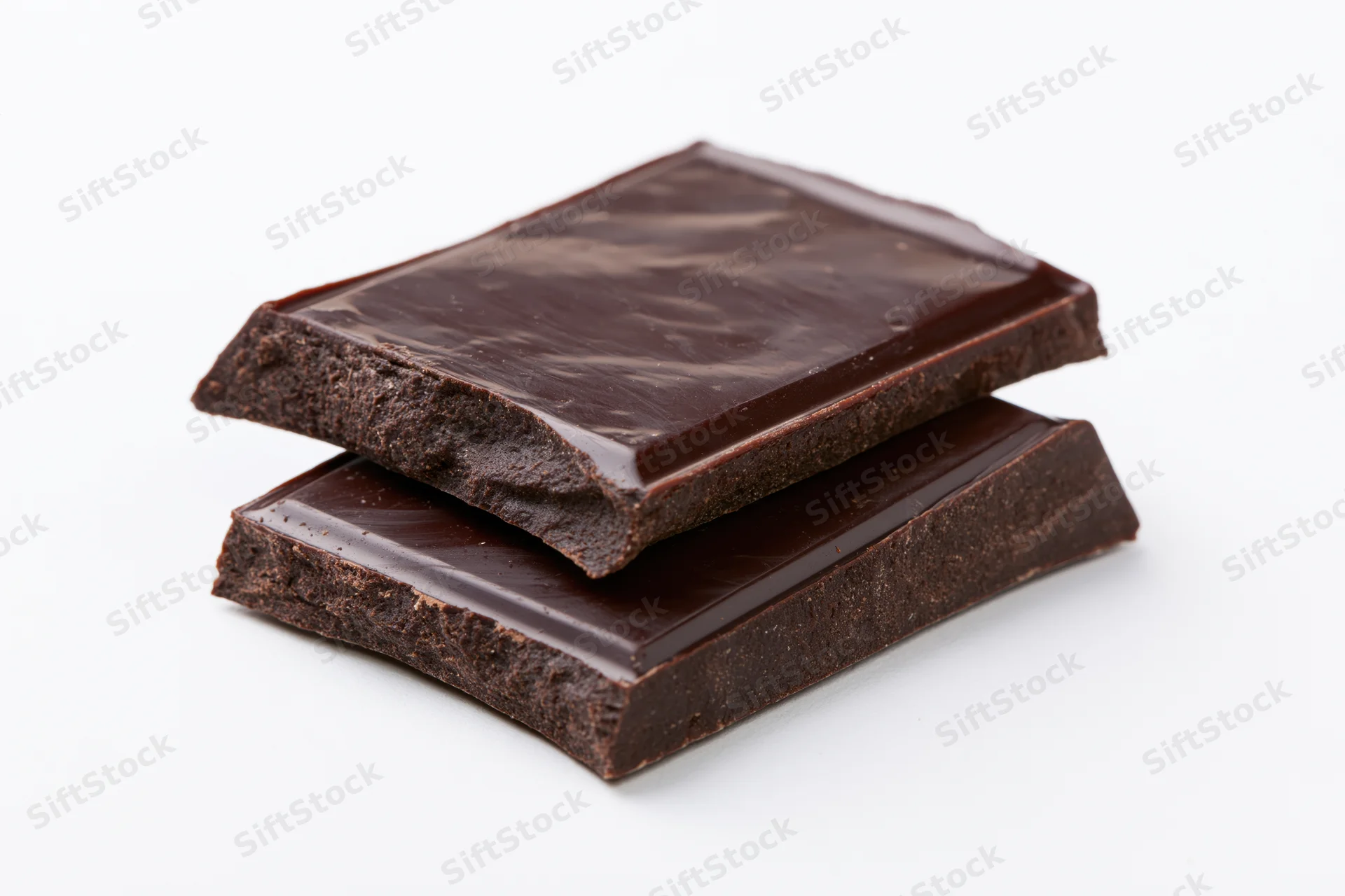 Two broken dark chocolate squares stacked slightly offset on white background