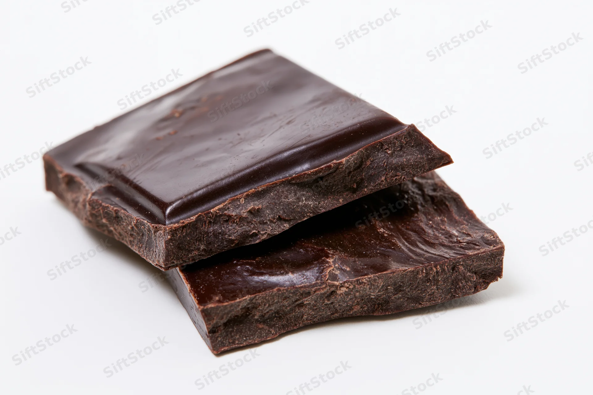 Two broken dark chocolate squares stacked offset again
