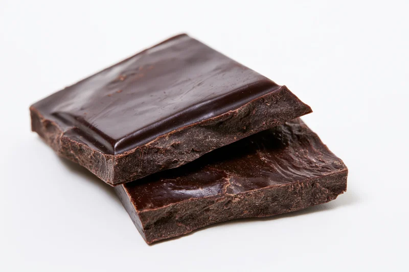 Two broken dark chocolate squares stacked offset again