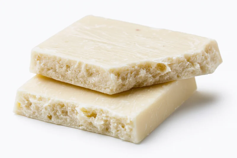 Two broken white chocolate squares stacked slightly offset on white background