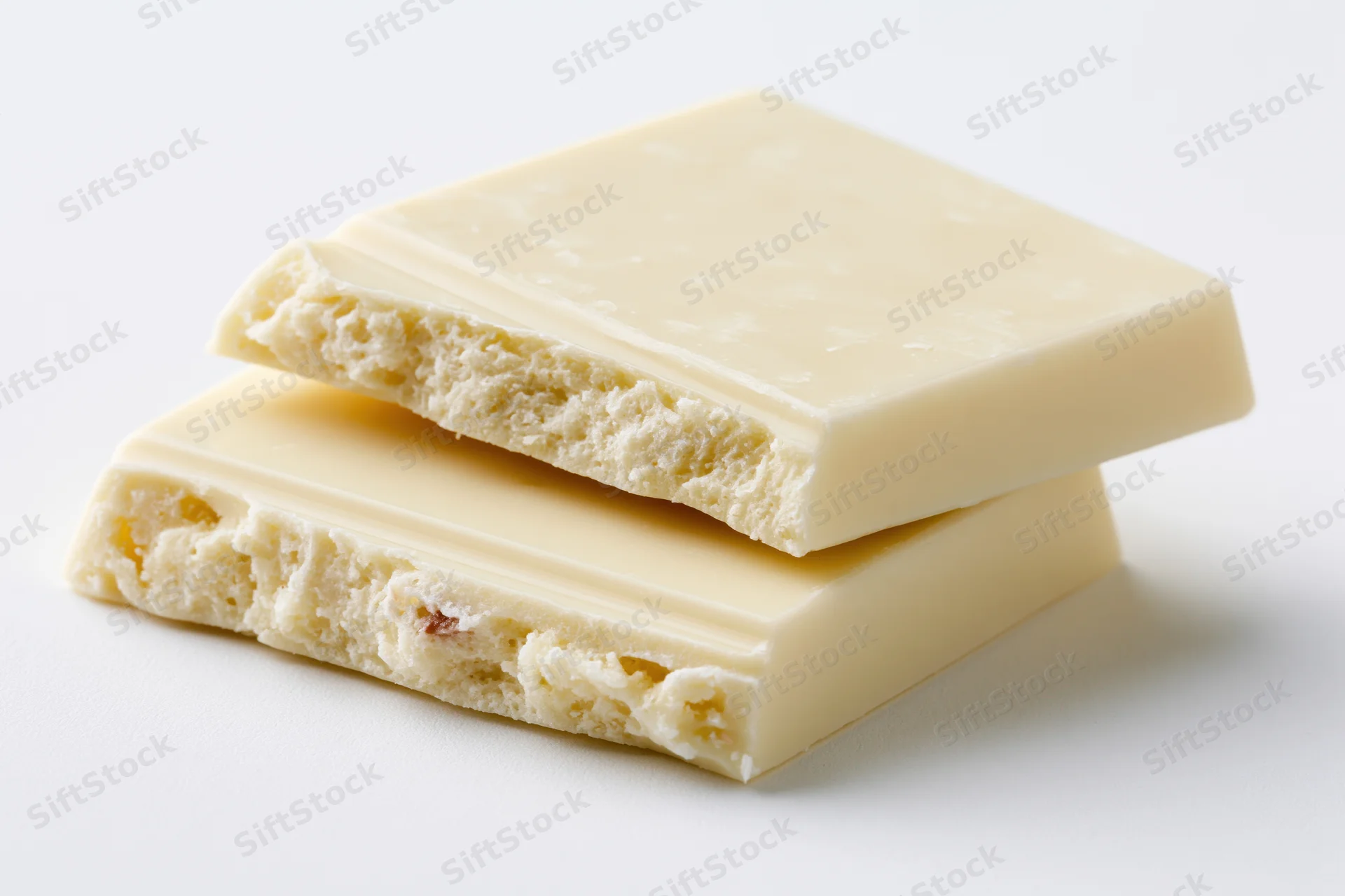 Two broken white chocolate squares stacked slightly offset on white background