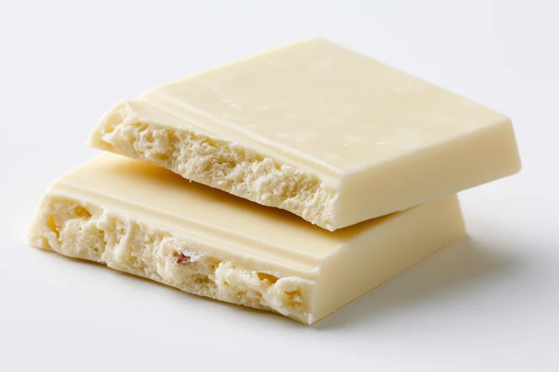 Two broken white chocolate squares stacked slightly offset on white background