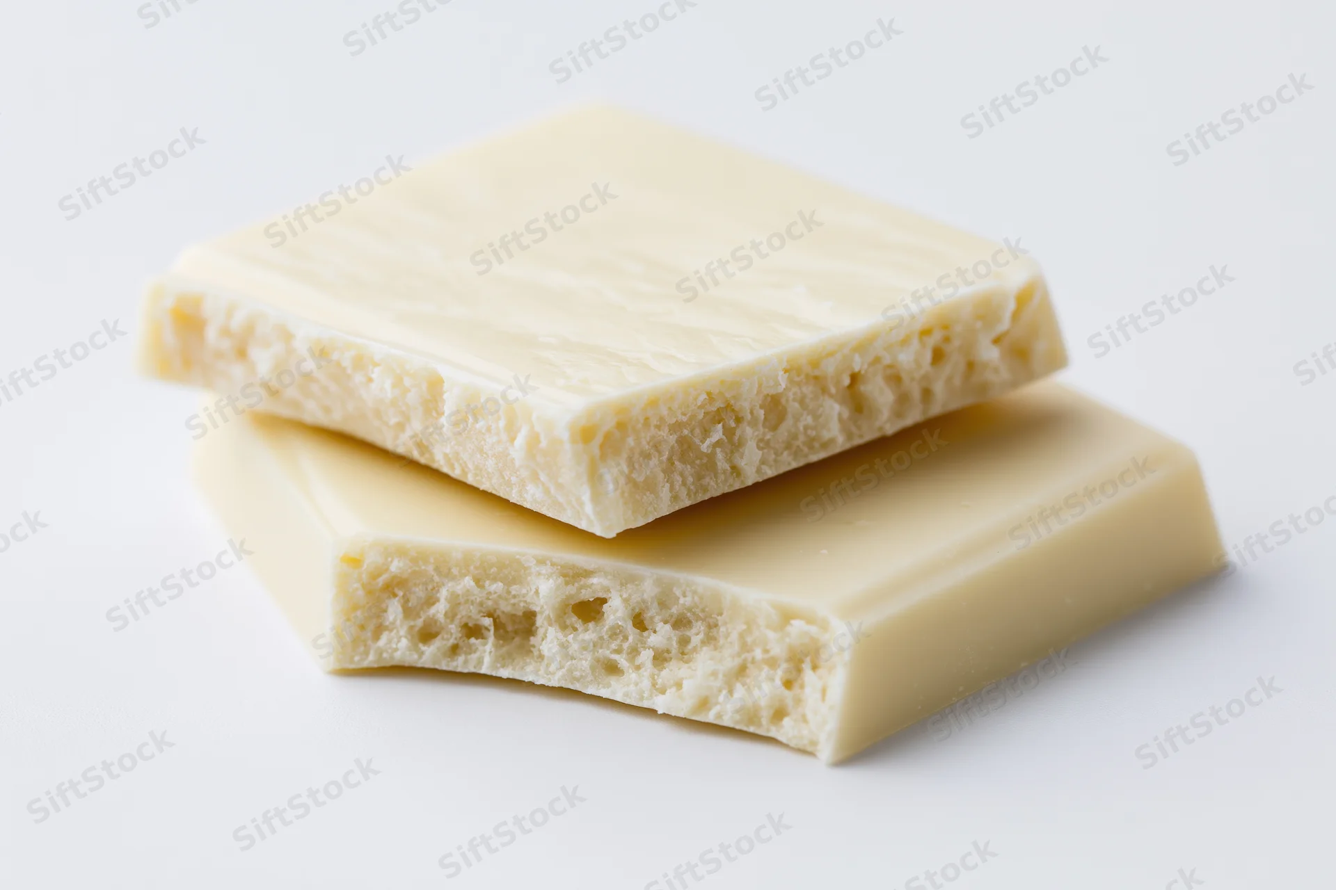 Two broken white chocolate squares stacked slightly offset on white background