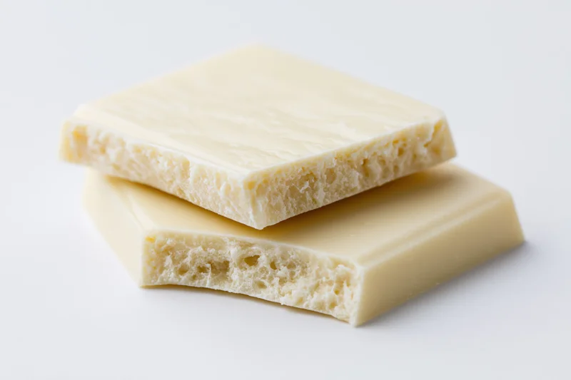 Two broken white chocolate squares stacked slightly offset on white background