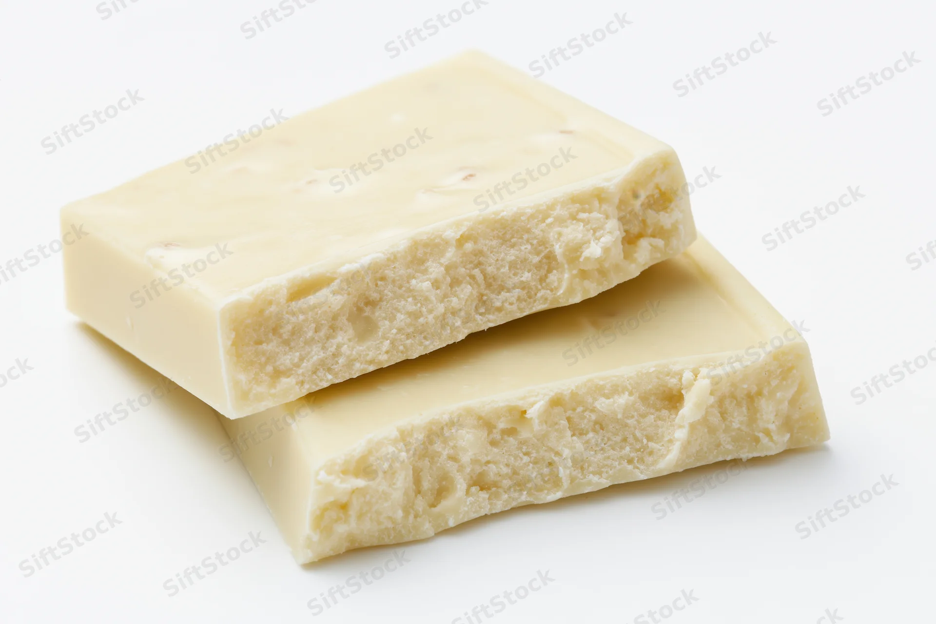 Two broken white chocolate squares stacked slightly offset on white background
