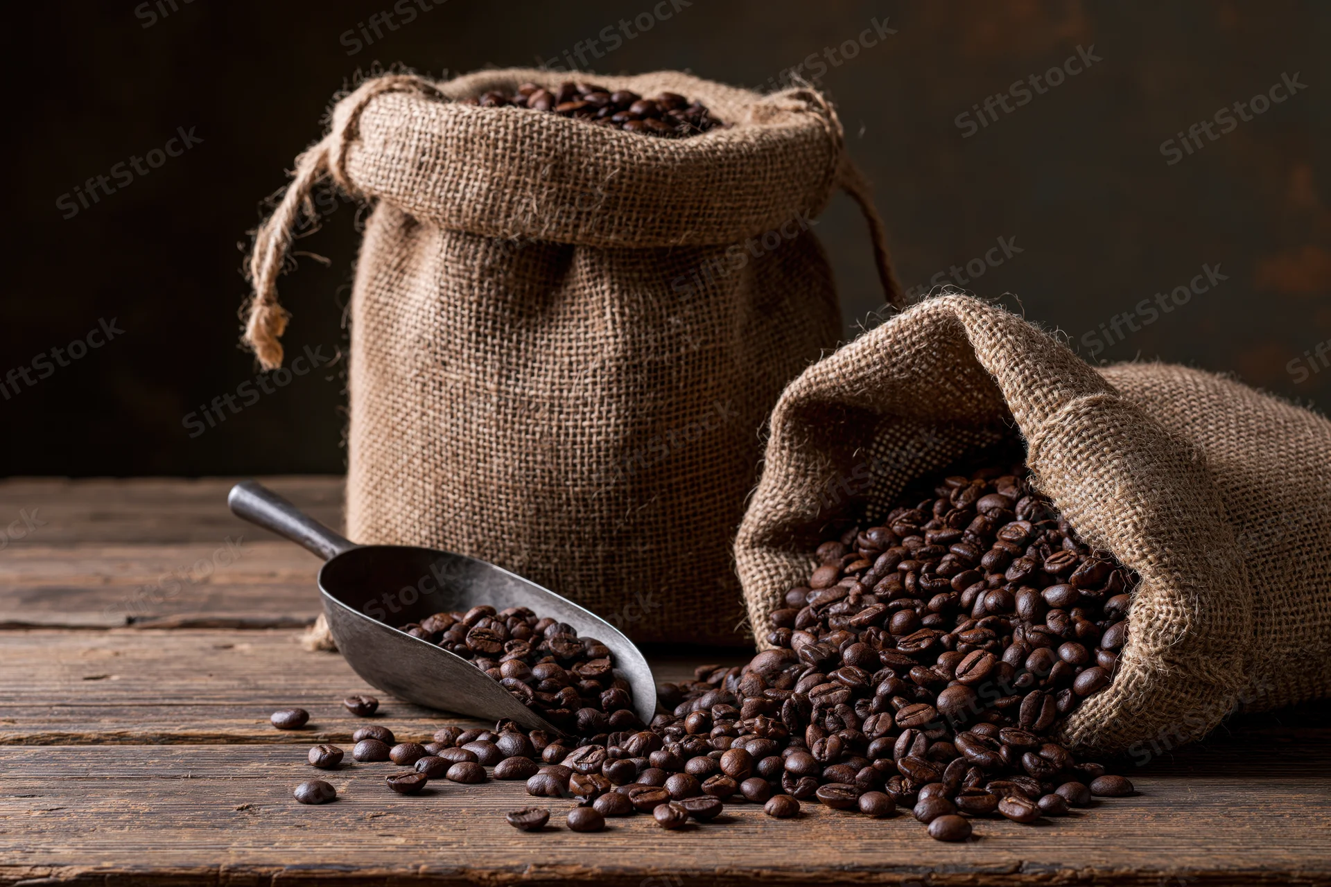 Roasted coffee beans spilling from burlap sacks onto a worn wooden table with a metal scoop nearby