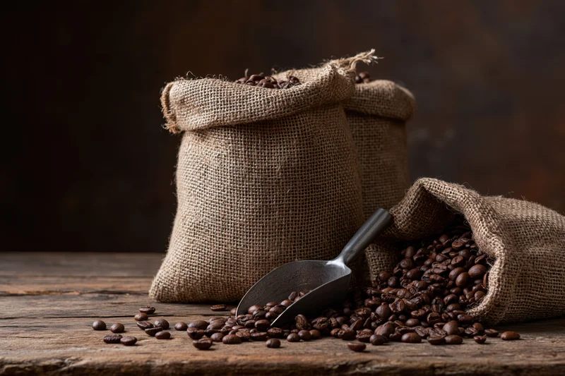 Roasted coffee beans spilling from burlap sacks onto a worn wooden table with a metal scoop nearby