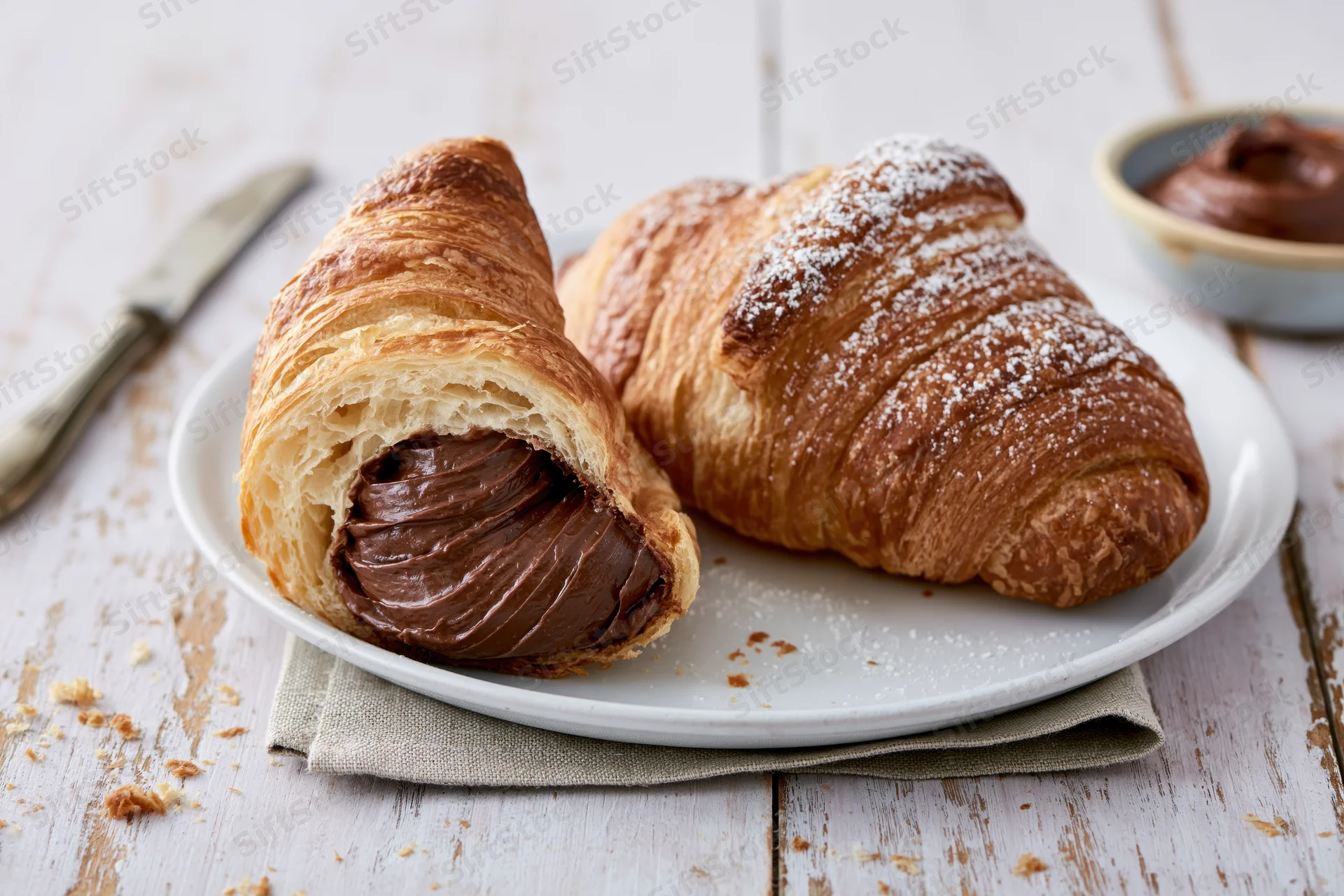 Two butter croissants on a white plate one sliced open with chocolate filling, resting on a wooden table with a knife and small bowl nearby