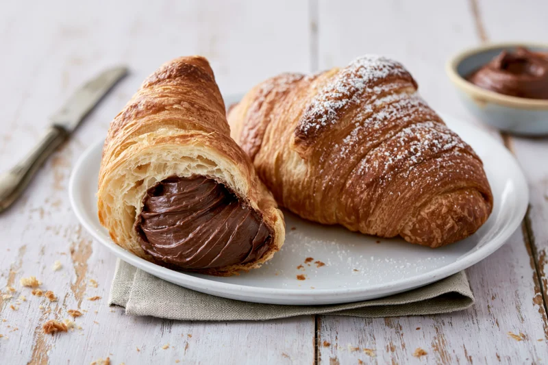 Two butter croissants on a white plate one sliced open with chocolate filling, resting on a wooden table with a knife and small bowl nearby