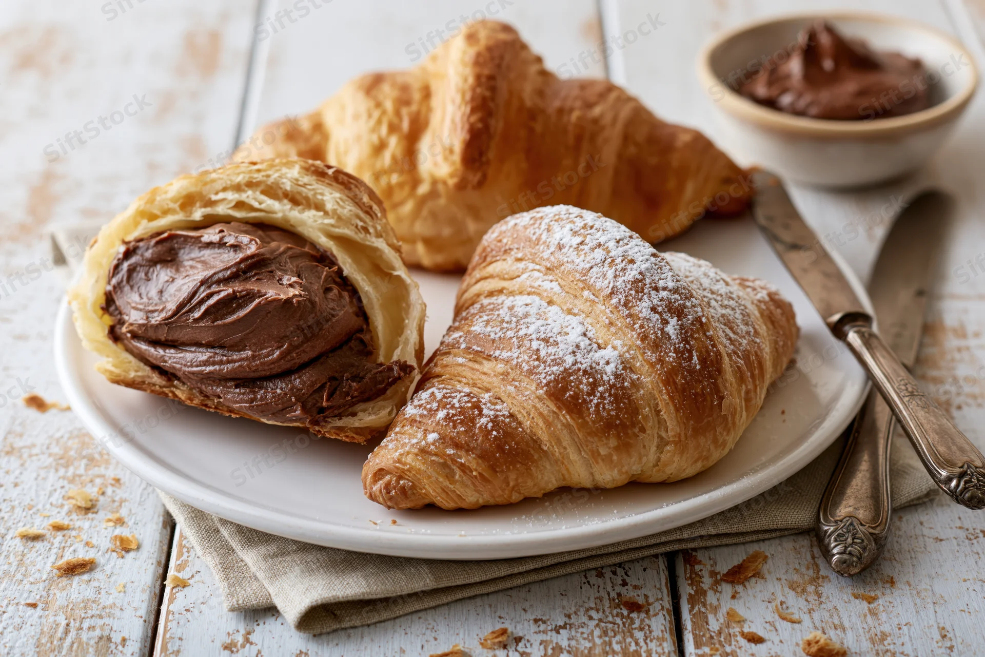 Two butter croissants on a white ceramic plate one sliced open with chocolate spread visible alongside a whole croissant dusted with powdered sugar and a small bowl of chocolate spread with vintage knives on a rustic wooden table