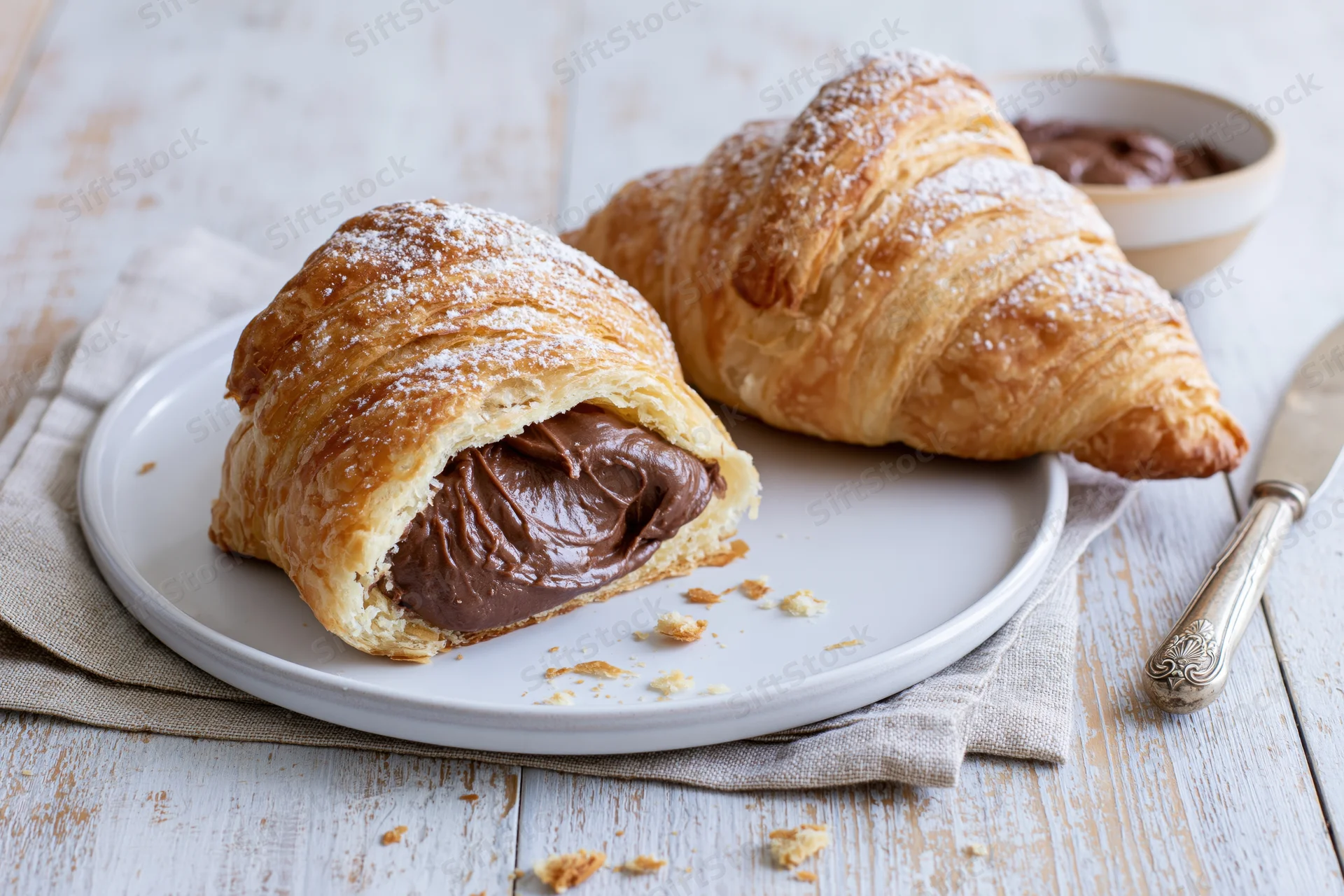Two butter croissants on a white plate one sliced open with chocolate filling visible on a wooden table with napkin and knife