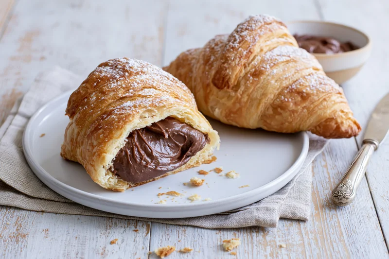 Two butter croissants on a white plate one sliced open with chocolate filling visible on a wooden table with napkin and knife