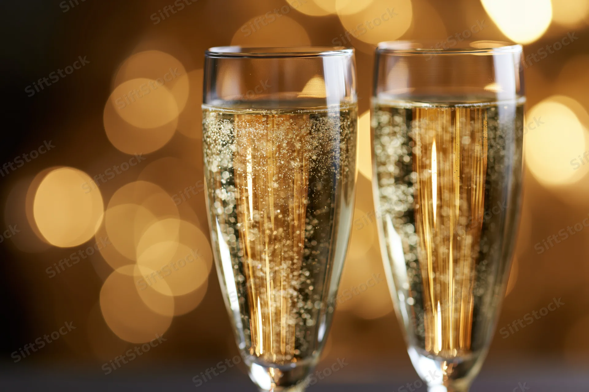 Two champagne flutes filled with sparkling wine bubbles rising against a warm bokeh light background