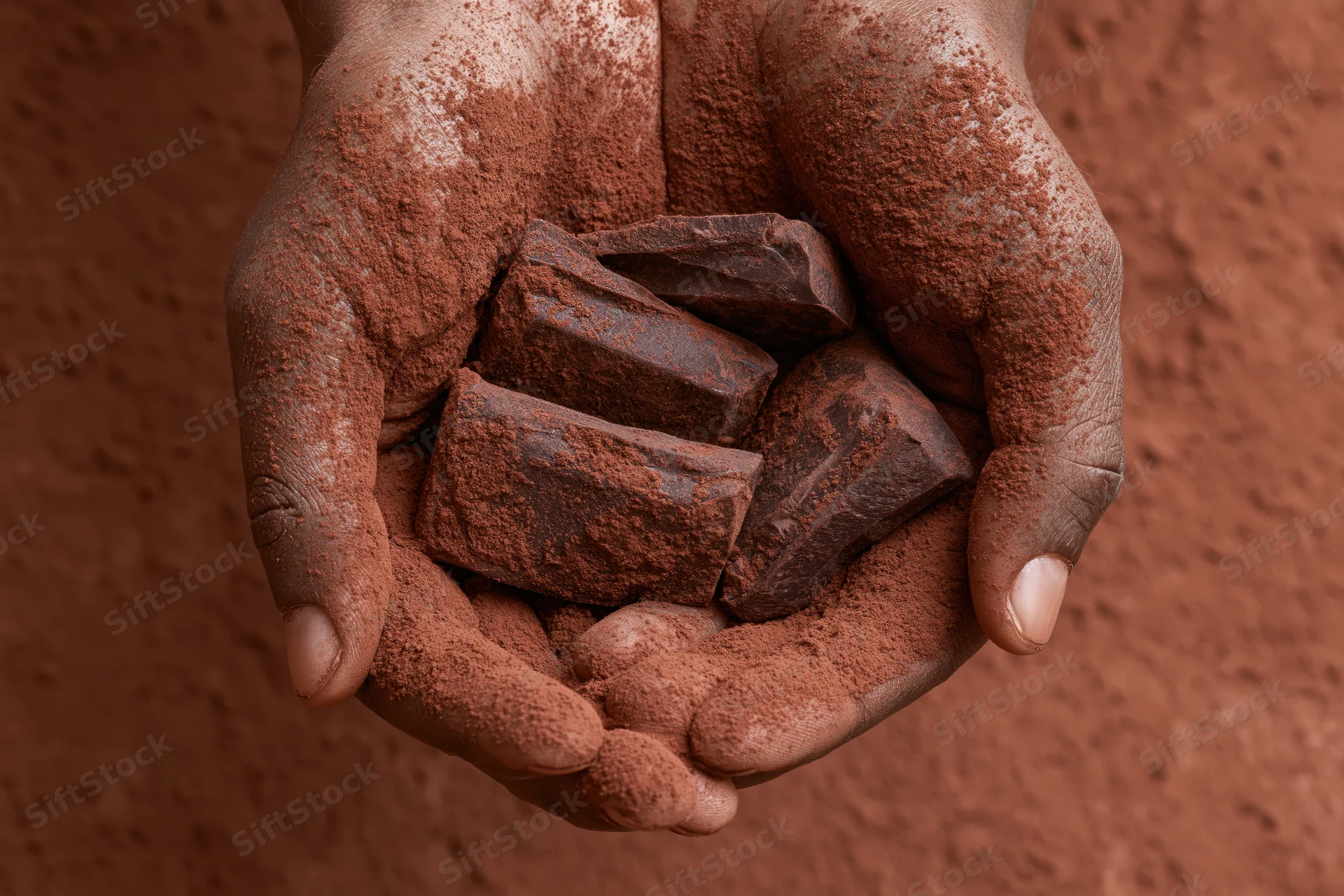 Cupped hands dusted in cocoa powder holding dark chocolate pieces