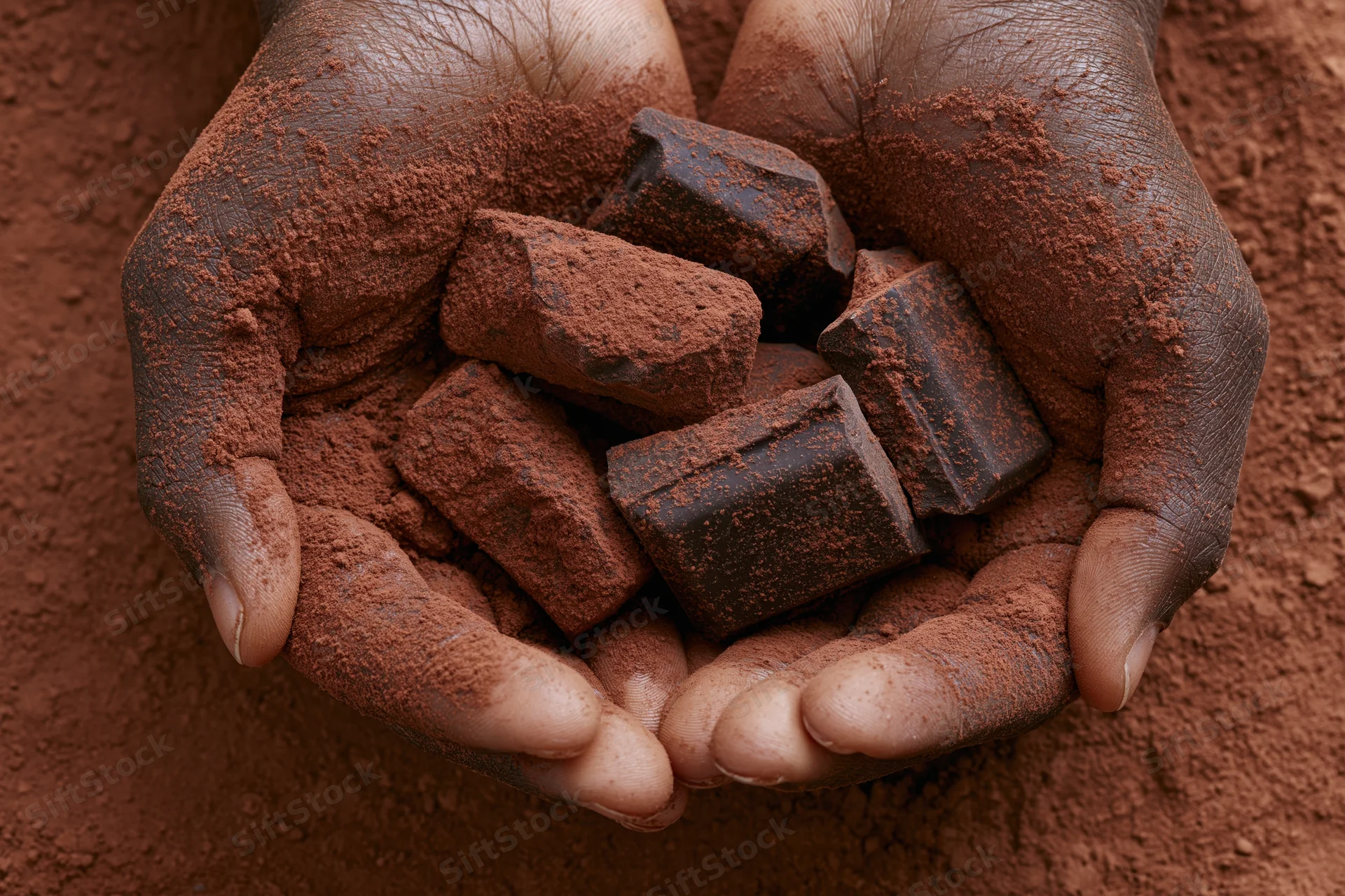 Cupped hands holding chocolate chunks and cocoa powder, dusted entirely in fine cocoa powder