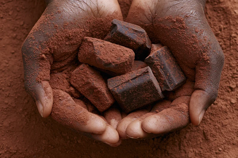 Cupped hands holding chocolate chunks and cocoa powder, dusted entirely in fine cocoa powder