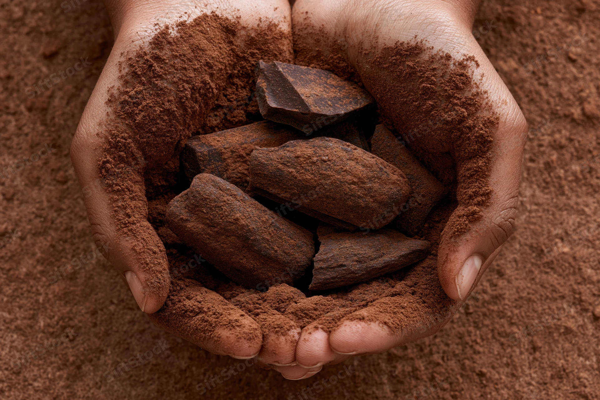 Cupped hands holding cocoa powder and chocolate chunks