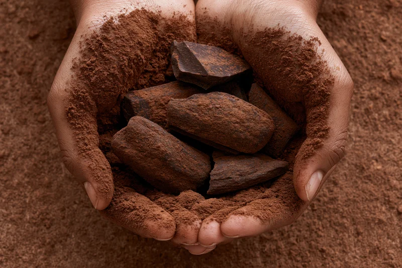 Cupped hands holding cocoa powder and chocolate chunks