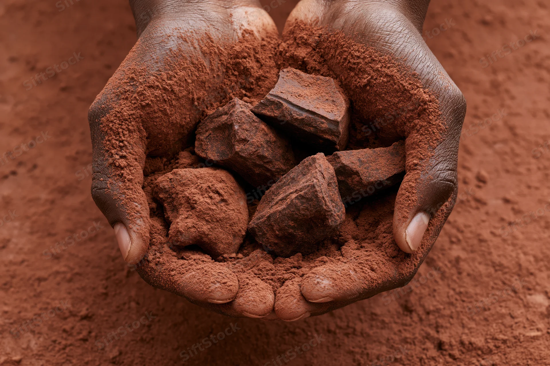 Cupped hands holding cocoa powder and chunks over a bed of fine brown powder
