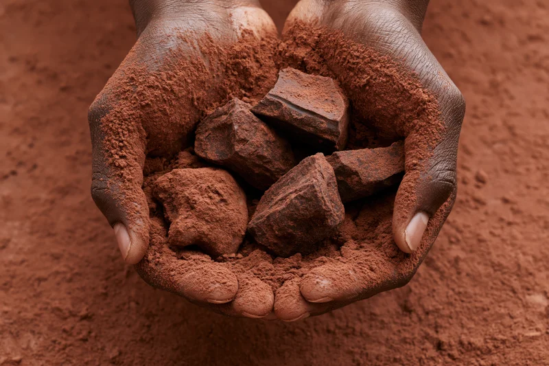Cupped hands holding cocoa powder and chunks over a bed of fine brown powder