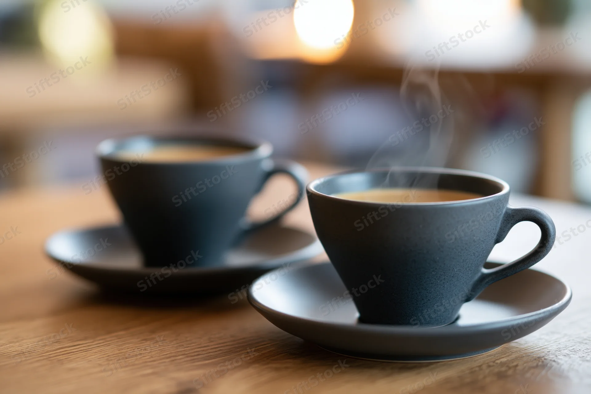 Two dark grey ceramic coffee cups with steam on matching saucers on a wooden table in a cafe interior