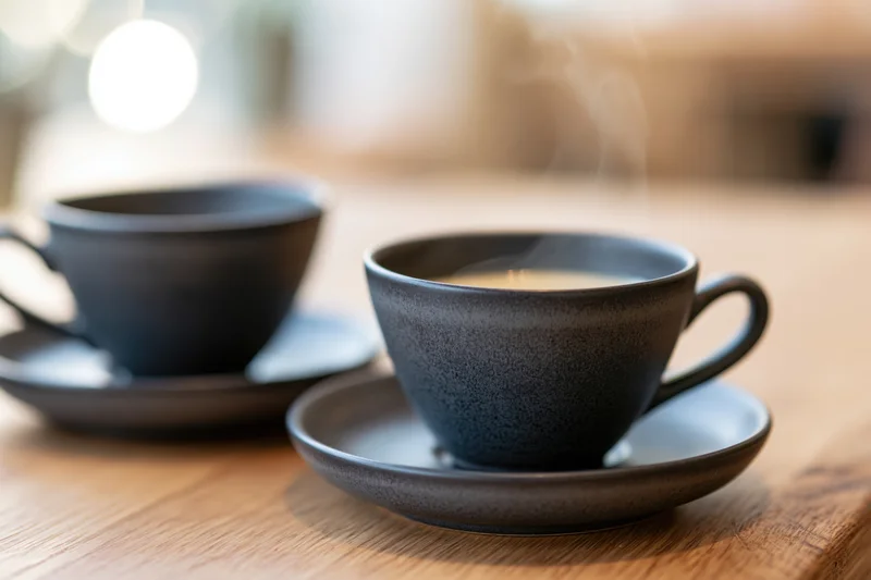 Two dark grey ceramic coffee cups with steam on matching saucers on a wooden table