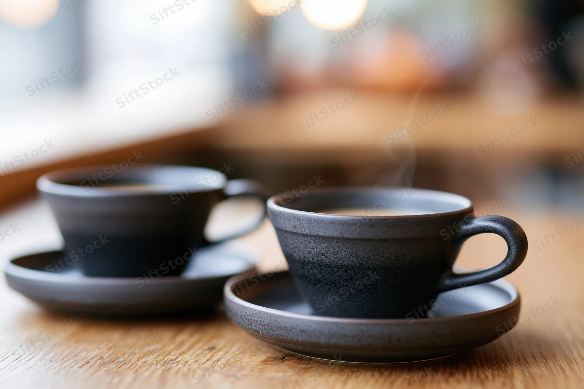 Two dark gray ceramic coffee cups with steam on matching saucers on a wooden table in a cafe setting