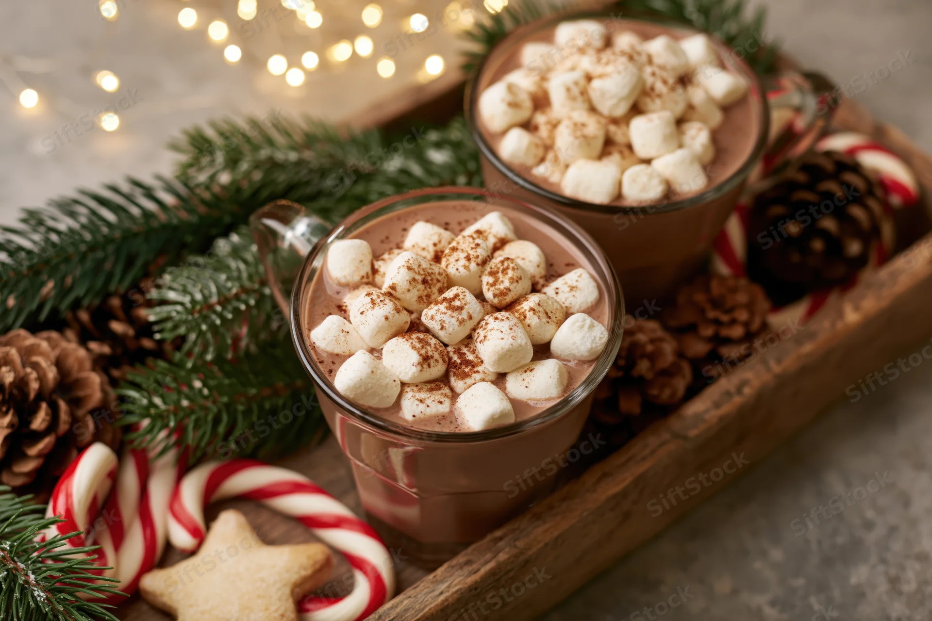 Two glass mugs of hot chocolate topped with mini marshmallows on a wooden tray with pine branches, candy canes, and pinecones