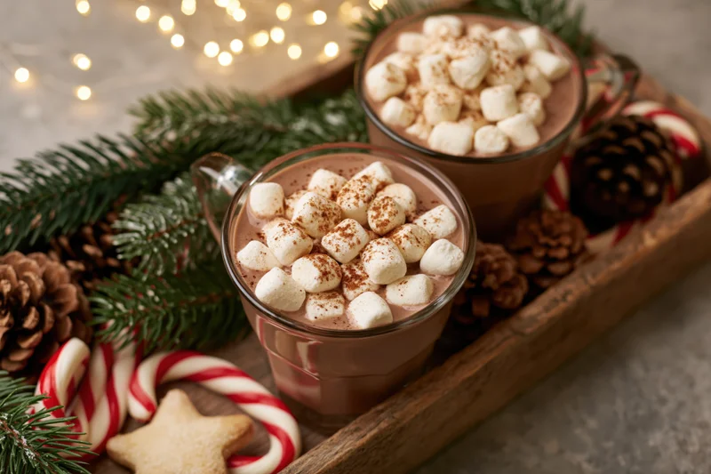 Two glass mugs of hot chocolate topped with mini marshmallows on a wooden tray with pine branches, candy canes, and pinecones