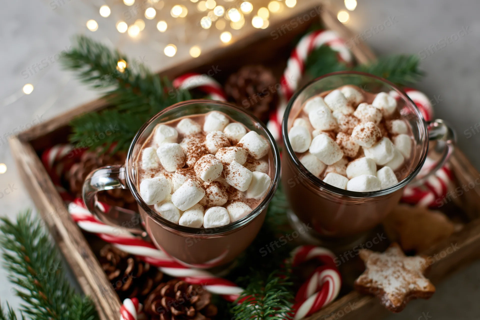 Two glass mugs of hot chocolate topped with mini marshmallows arranged on a wooden tray with holiday decorations