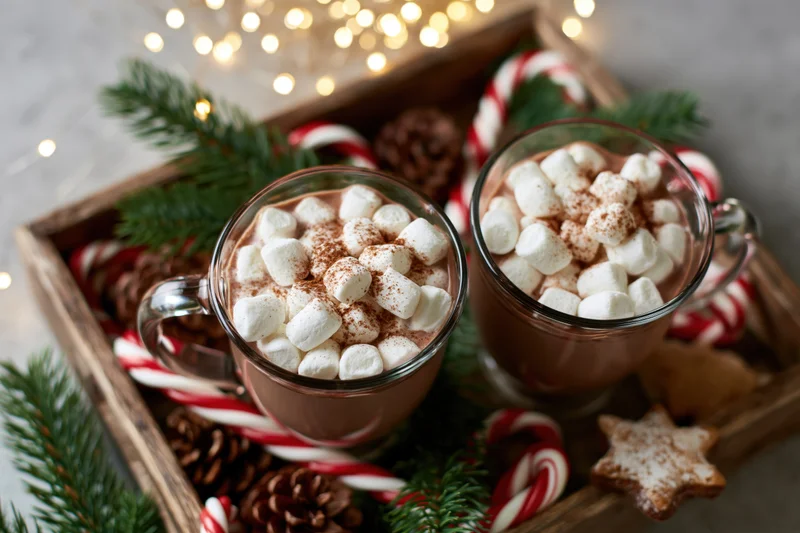 Two glass mugs of hot chocolate topped with mini marshmallows arranged on a wooden tray with holiday decorations
