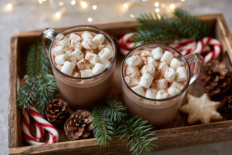 Two glass mugs of hot chocolate topped with mini marshmallows and cinnamon, arranged on a wooden tray with pine branches, candy canes, and pinecones for christmas decoration