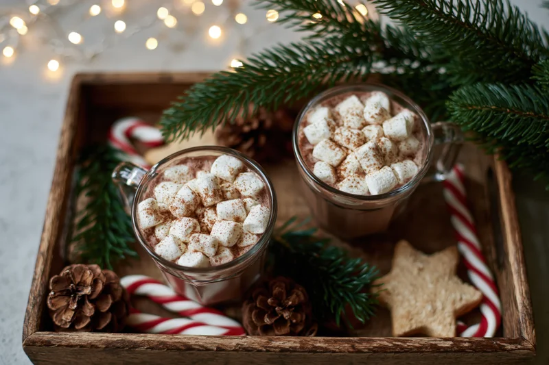 Two glass mugs of hot chocolate topped with mini marshmallows and cinnamon on a wooden tray with pine branches, pinecones, candy canes, and a star-shaped cookie