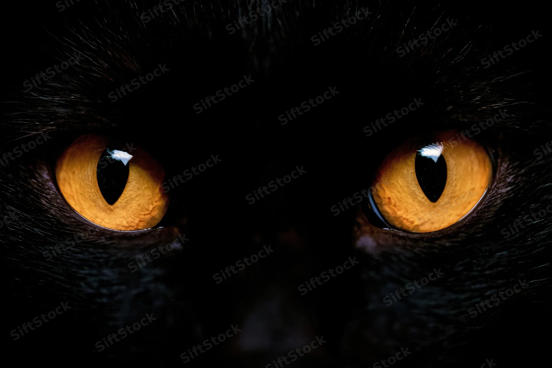 Closeup of glowing amber cat eyes with vertical slit pupils in darkness
