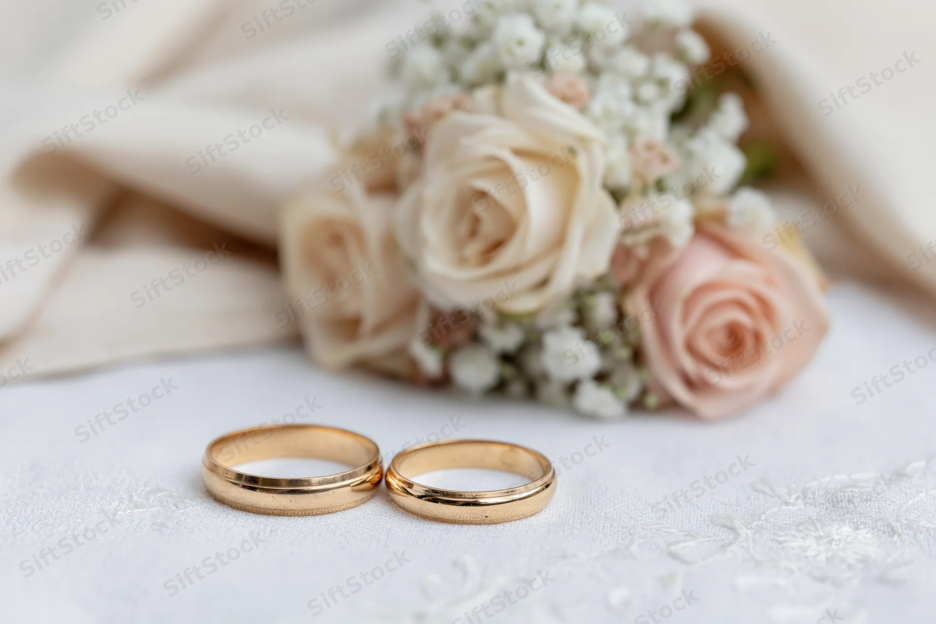Two gold wedding rings resting side by side on white lace fabric with a floral bouquet in the background