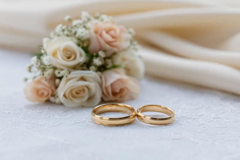 Two gold wedding rings resting side by side on a white textured fabric with a bouquet of white and blush roses in the background