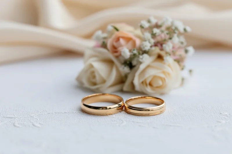 Two gold wedding rings resting side by side on a white textured surface with a floral bouquet in the background