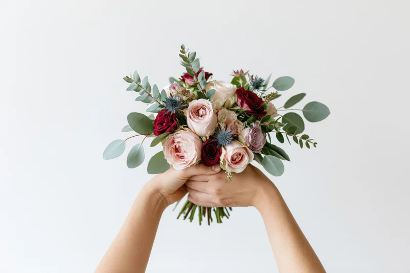 Hands holding a mixed floral bouquet of blush pink and deep red roses with green foliage against a white background