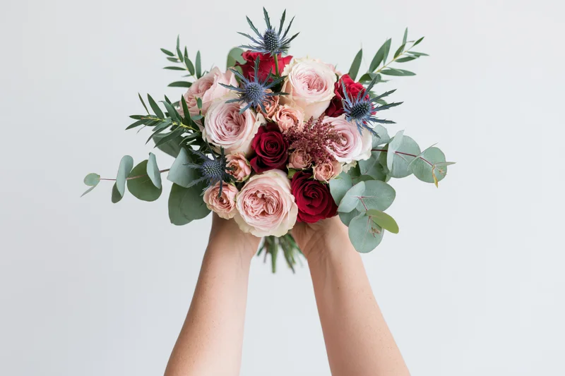 Hands holding a mixed floral bouquet of blush pink and red roses with eucalyptus and thistle against a white background